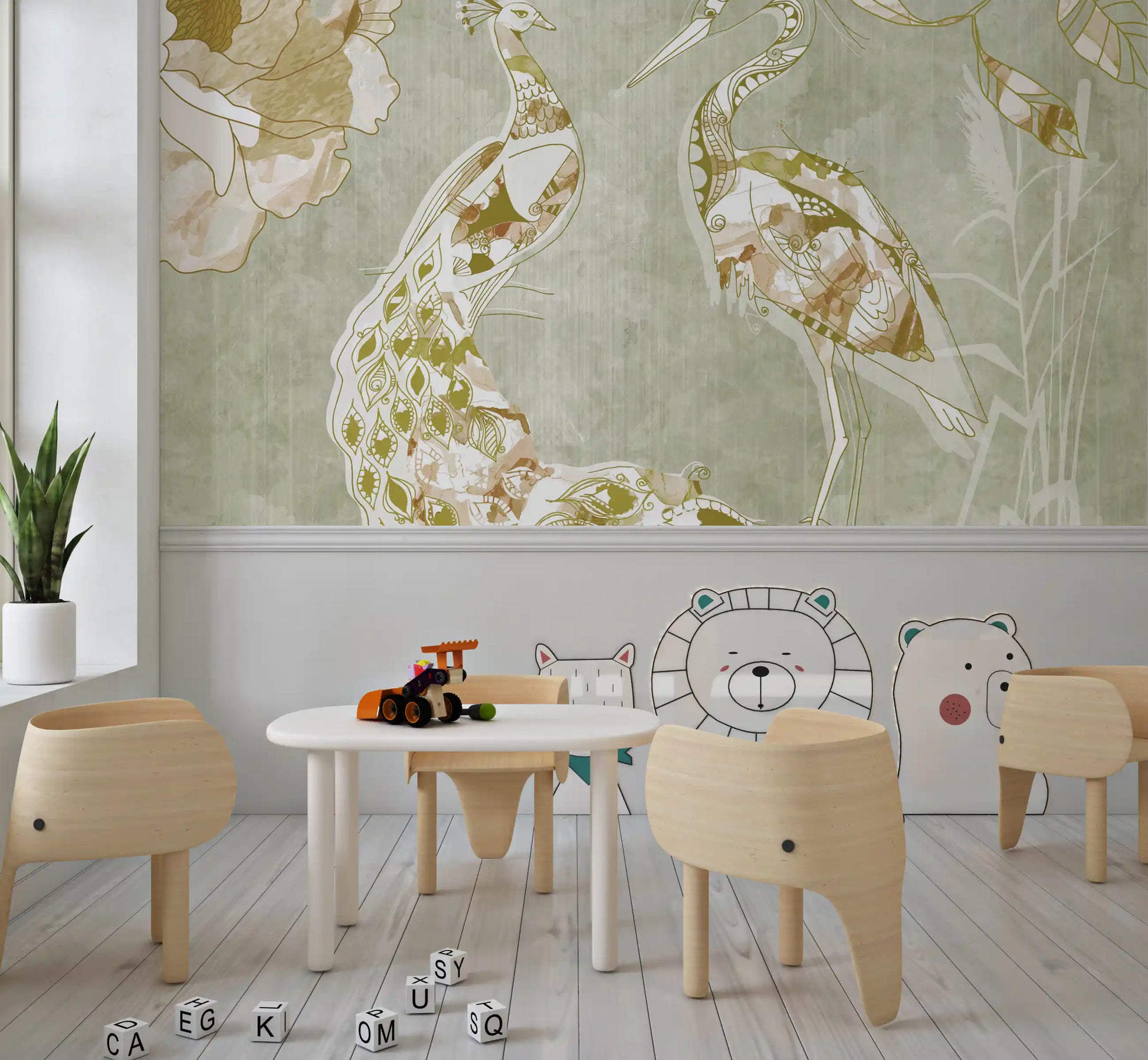 Nursery design using Emerald Green Peacock wall mural in soft green tones