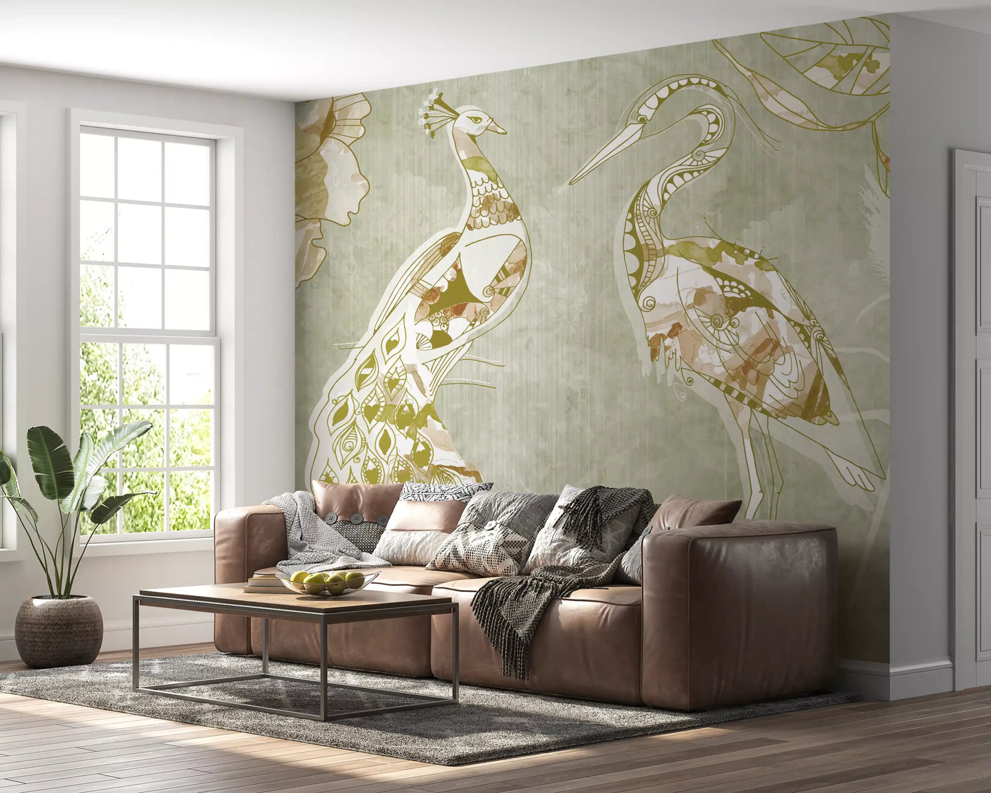 Hallway setup with Emerald Green Peacock wall mural and peacock art