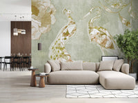 Living room styled with Emerald Green Peacock wall mural and bird design