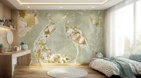 Bedroom wall featuring Emerald Green Peacock wall mural with floral detail