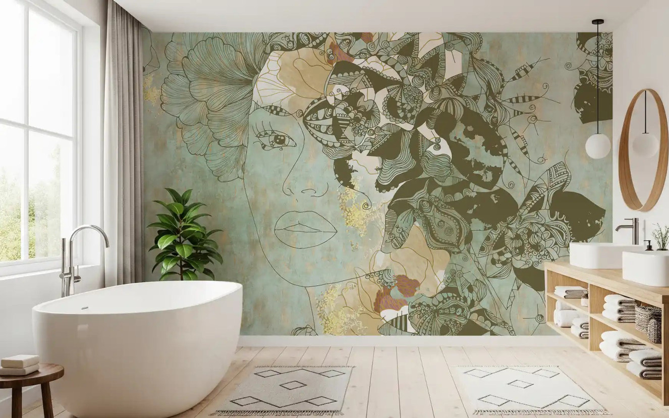 Bathroom wall featuring Vintage Blue Floral Woman Portrait wall mural