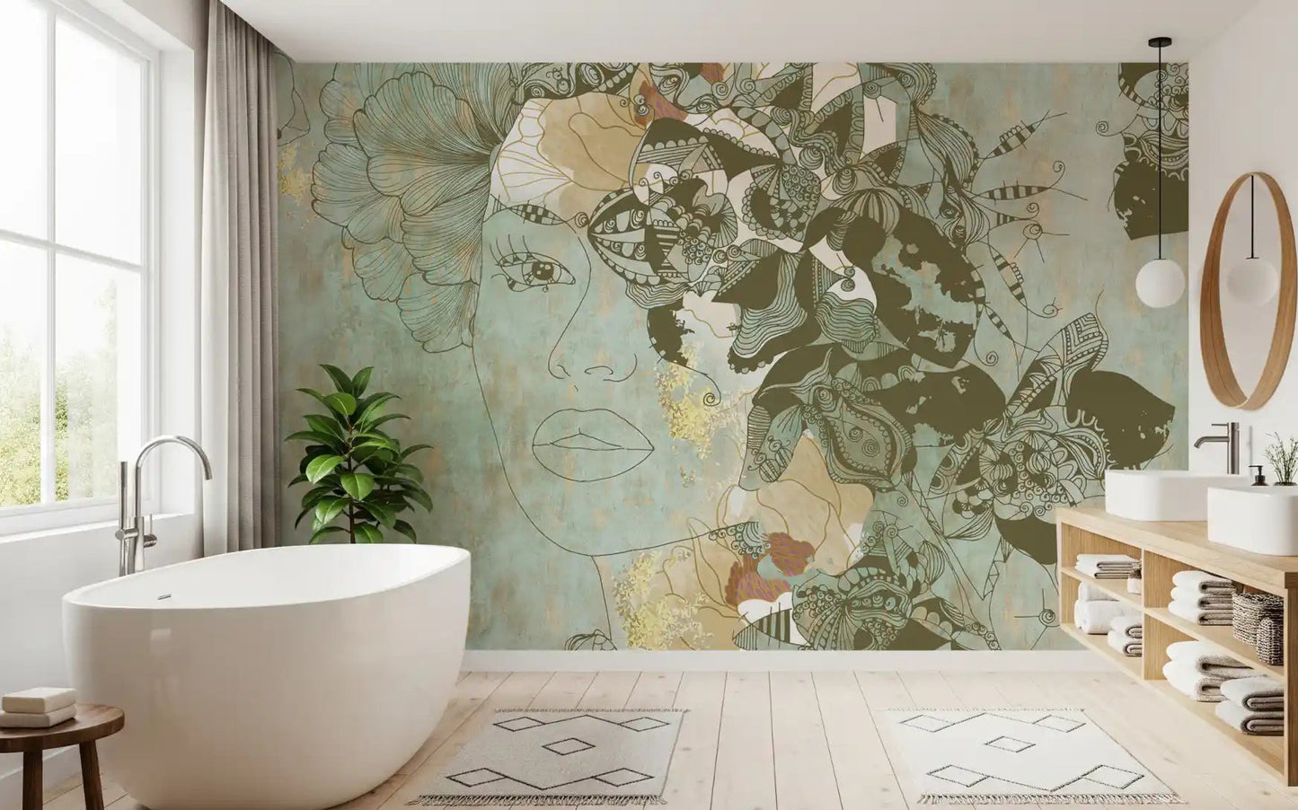 Bathroom wall featuring Vintage Blue Floral Woman Portrait wall mural