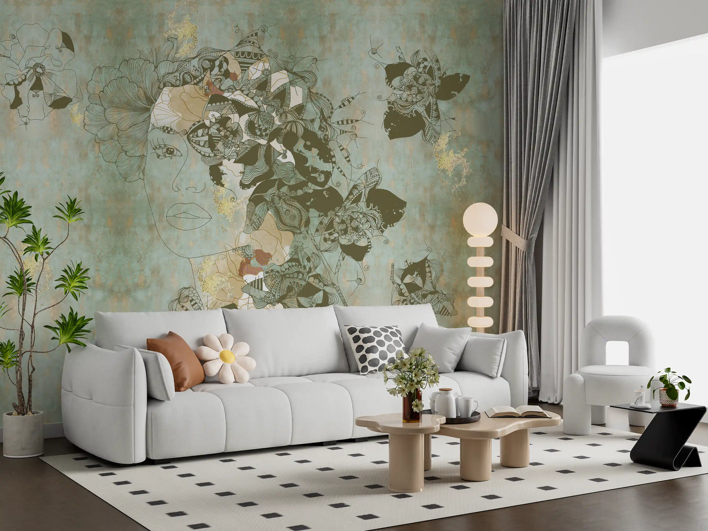 Living room styled with Vintage Blue Floral Woman Portrait wall mural