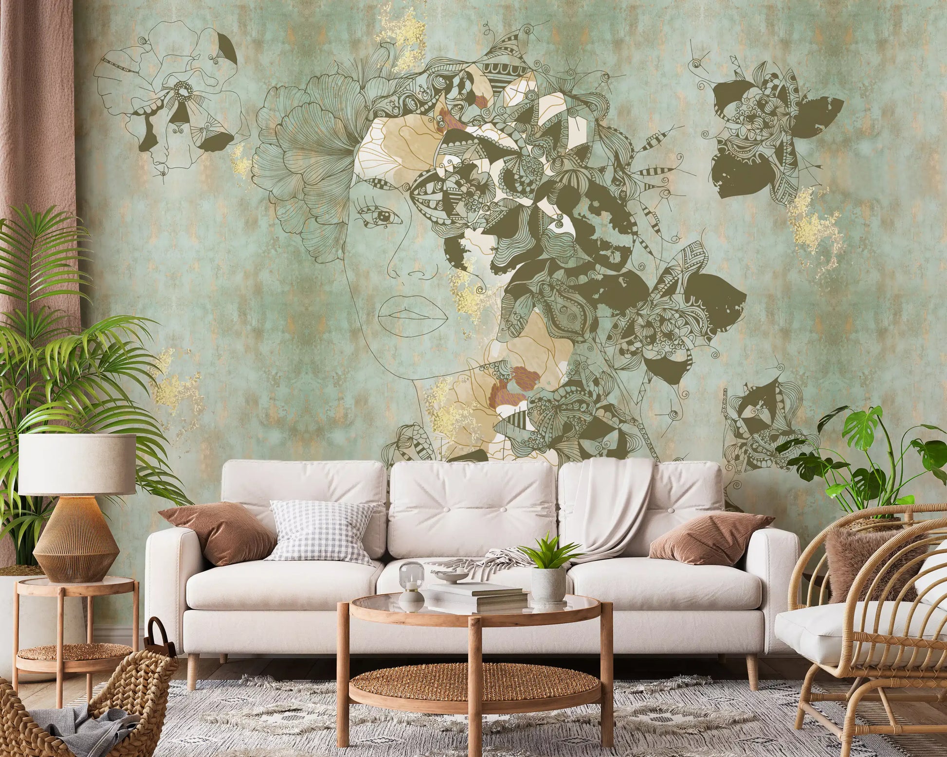 Vintage Blue Floral Woman Portrait wall mural with abstract face art