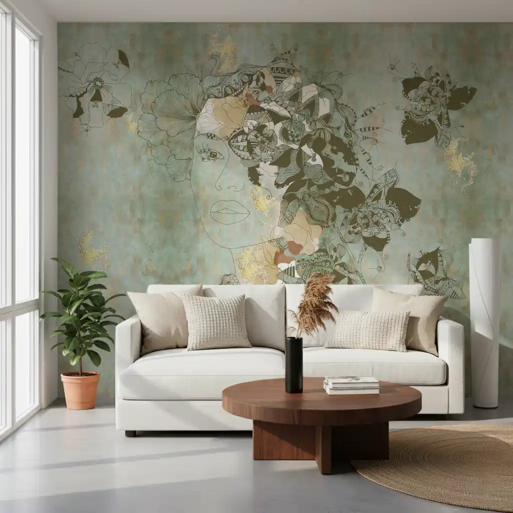 Hallway design using Vintage Blue Floral Woman Portrait wall mural