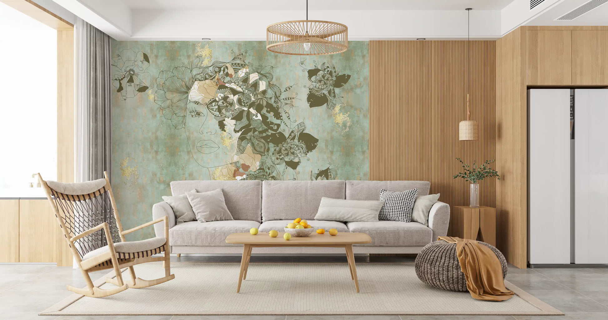 Creative portrait wall mural with Vintage Blue Floral soft tones