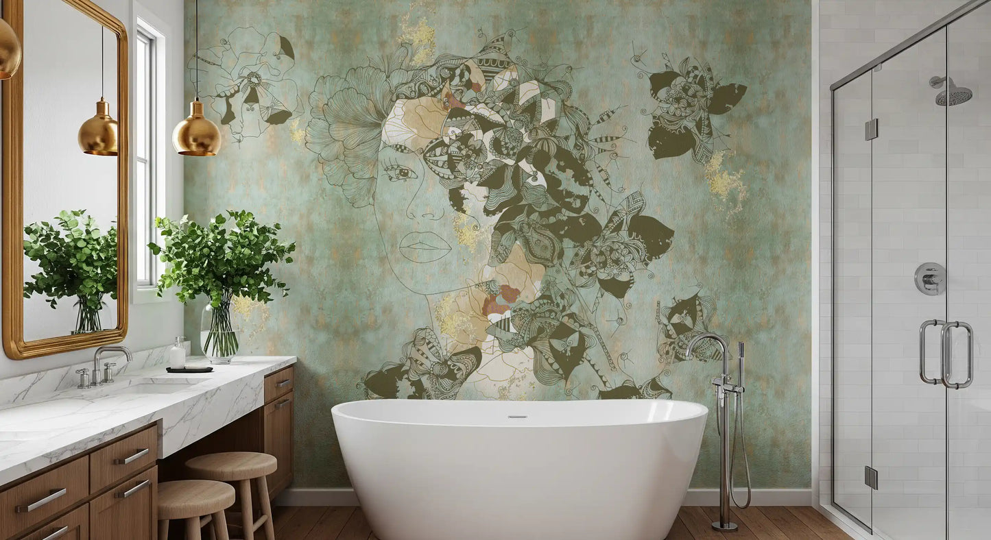 Vintage Blue Floral Woman Portrait wall mural showing floral elements