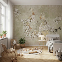 Artistic bird wall mural with Ornate Vintage Bird layered composition