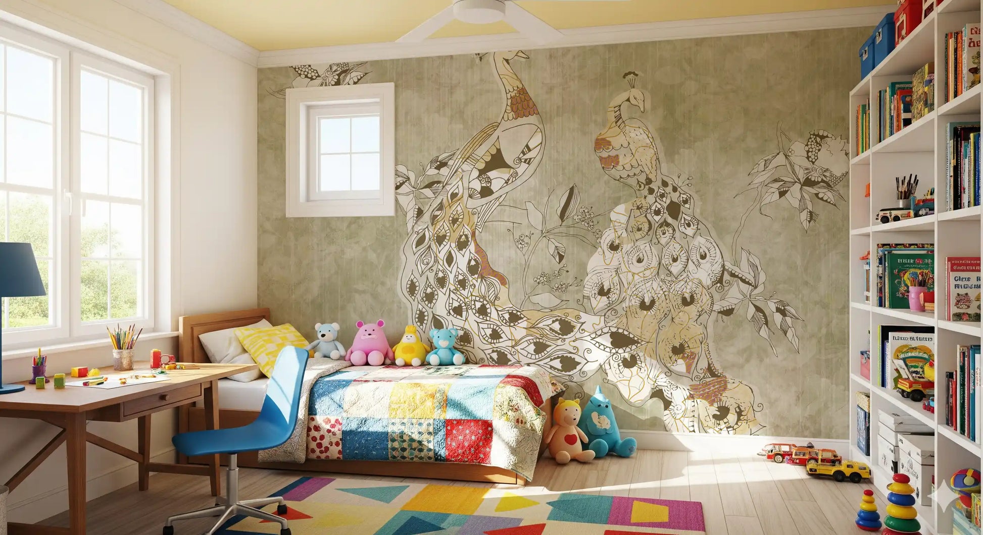 Vintage bird wall mural featuring Ornate Vintage Bird floral elements