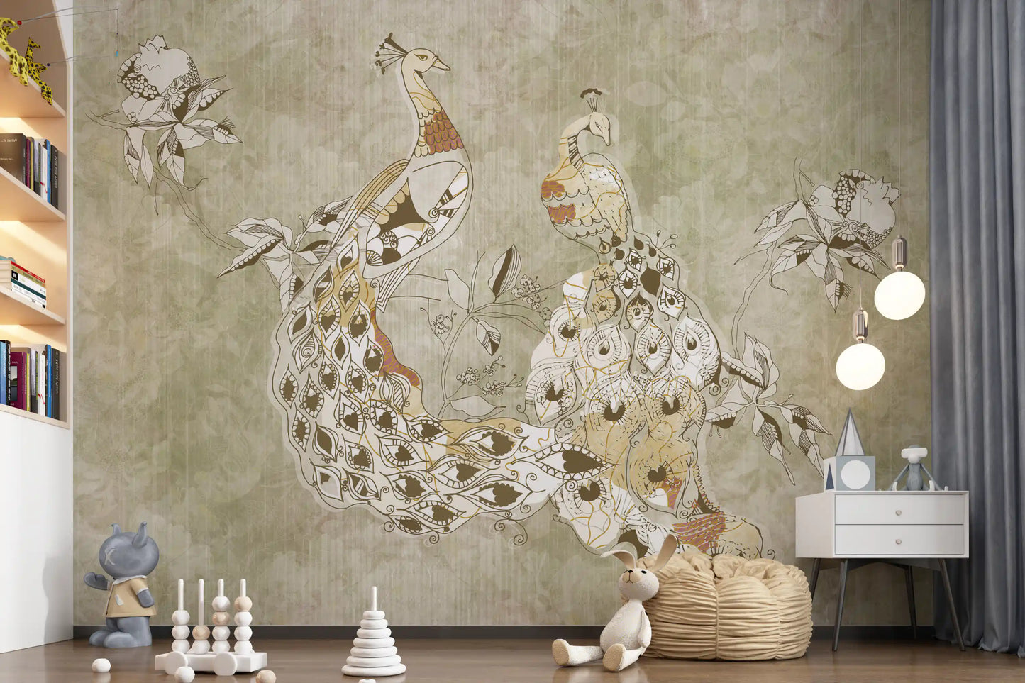 Ornate Vintage Bird wall mural with detailed peacock feathers and patterns