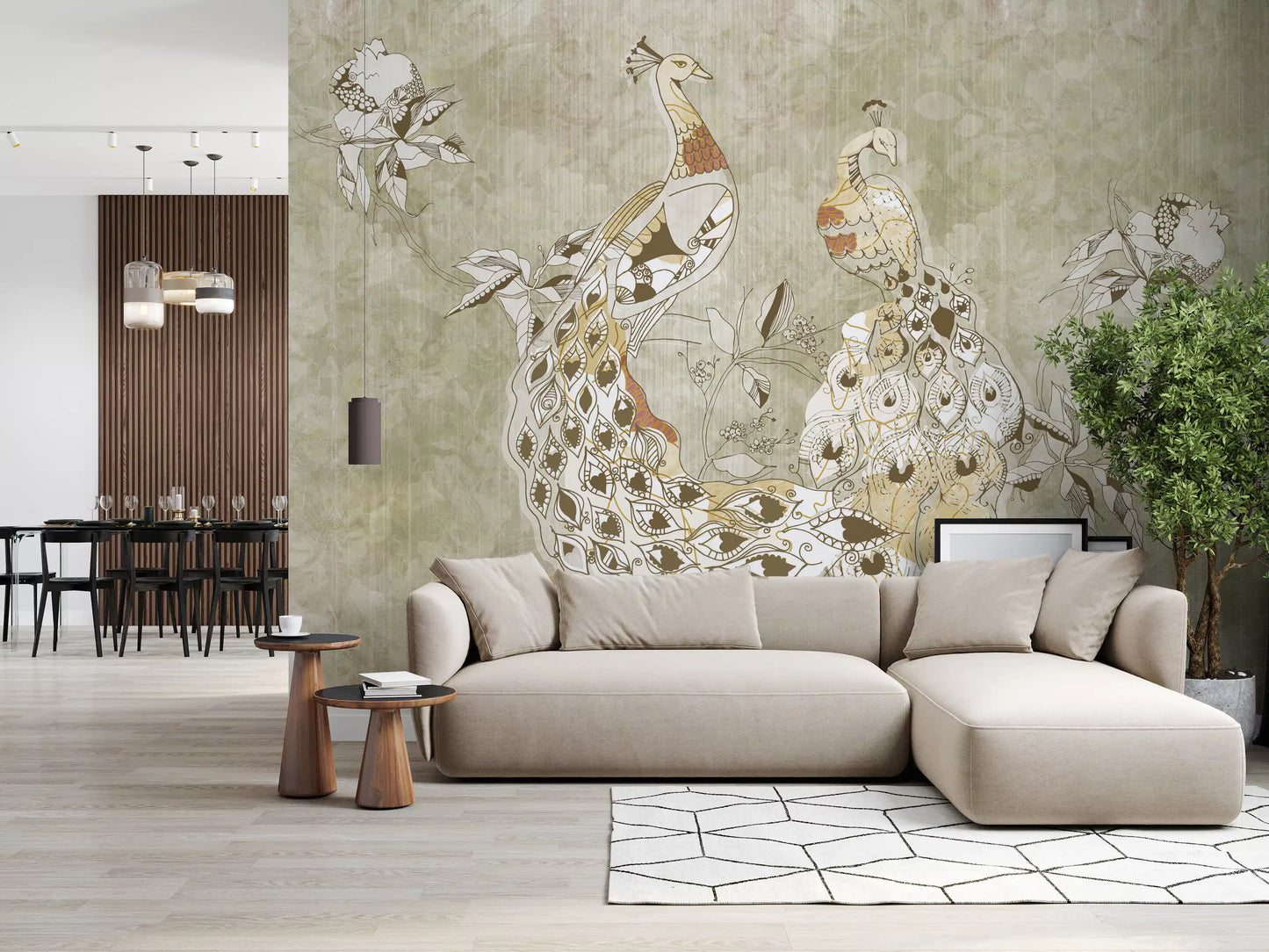 Living room styled with Ornate Vintage Bird wall mural and peacock design