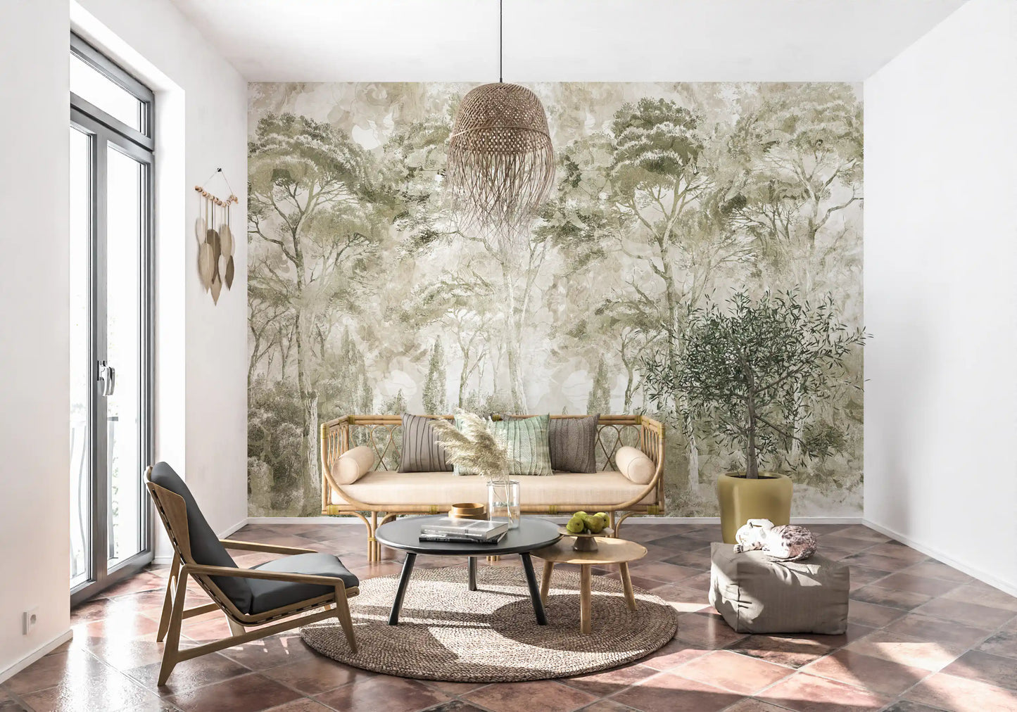 Sepia Pine Forest Landscape wall mural with muted beige and olive hues