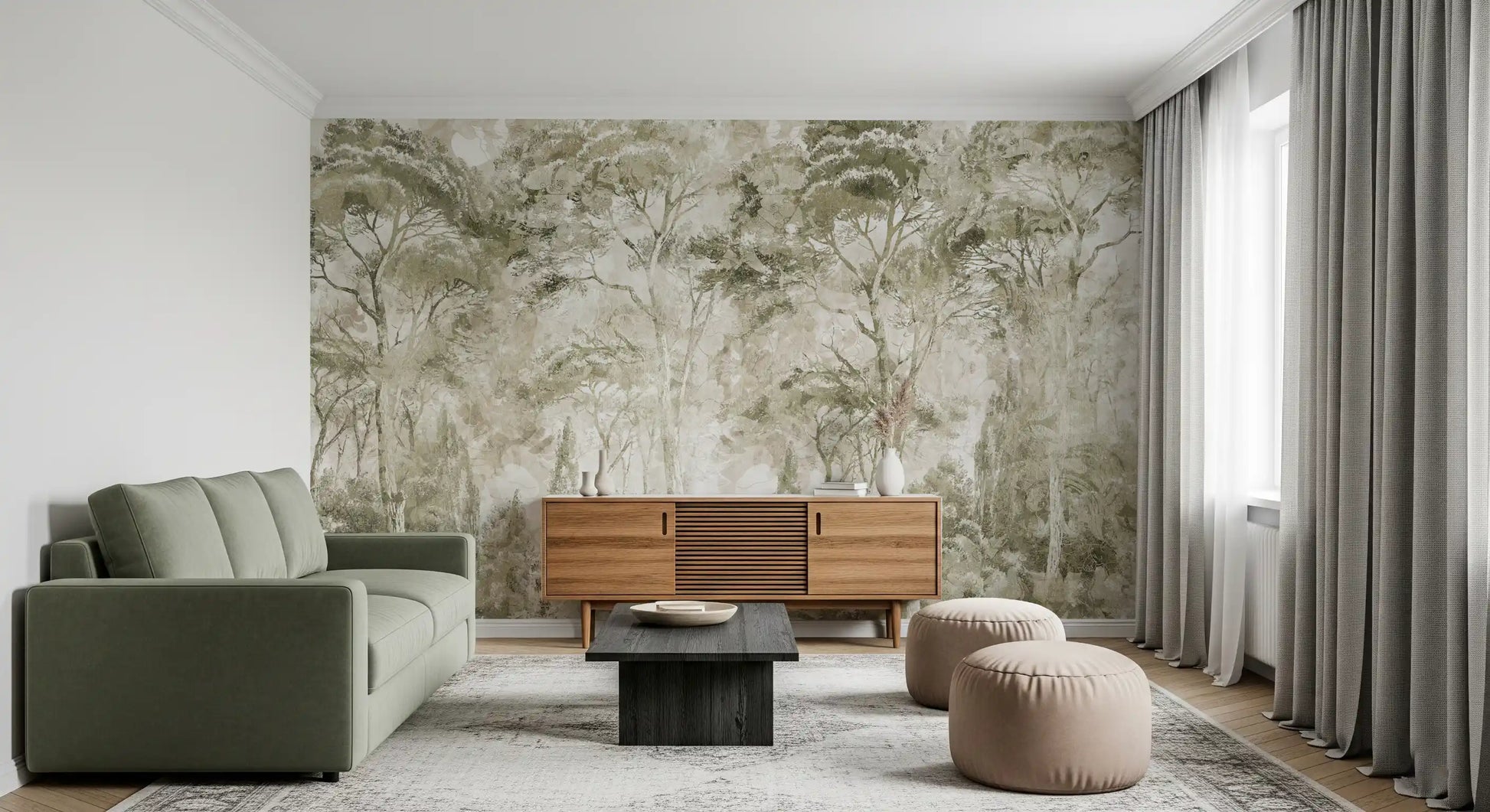 Hallway design using Sepia Pine Forest Landscape wall mural in soft sepia