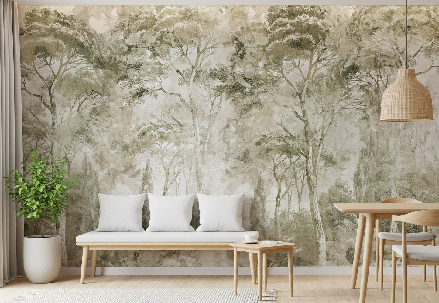 Subtle forest wall mural with Sepia Pine Forest Landscape texture