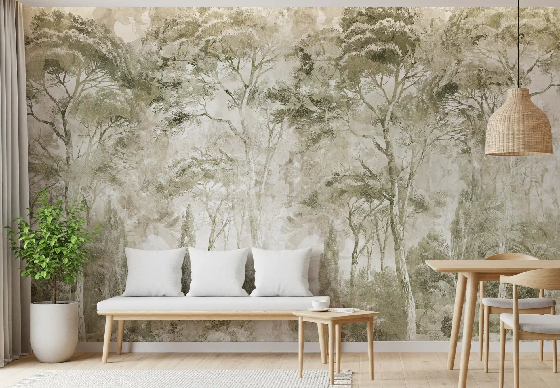 Subtle forest wall mural with Sepia Pine Forest Landscape texture