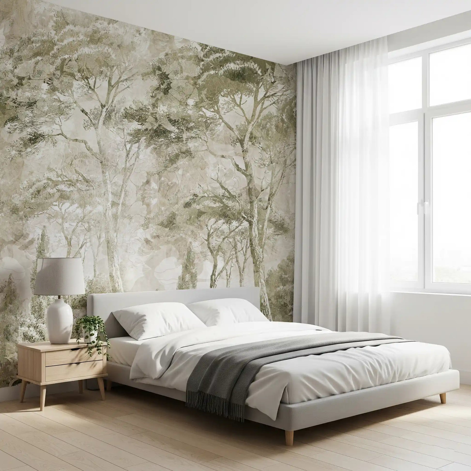 Bedroom wall featuring Sepia Pine Forest Landscape wall mural with trees