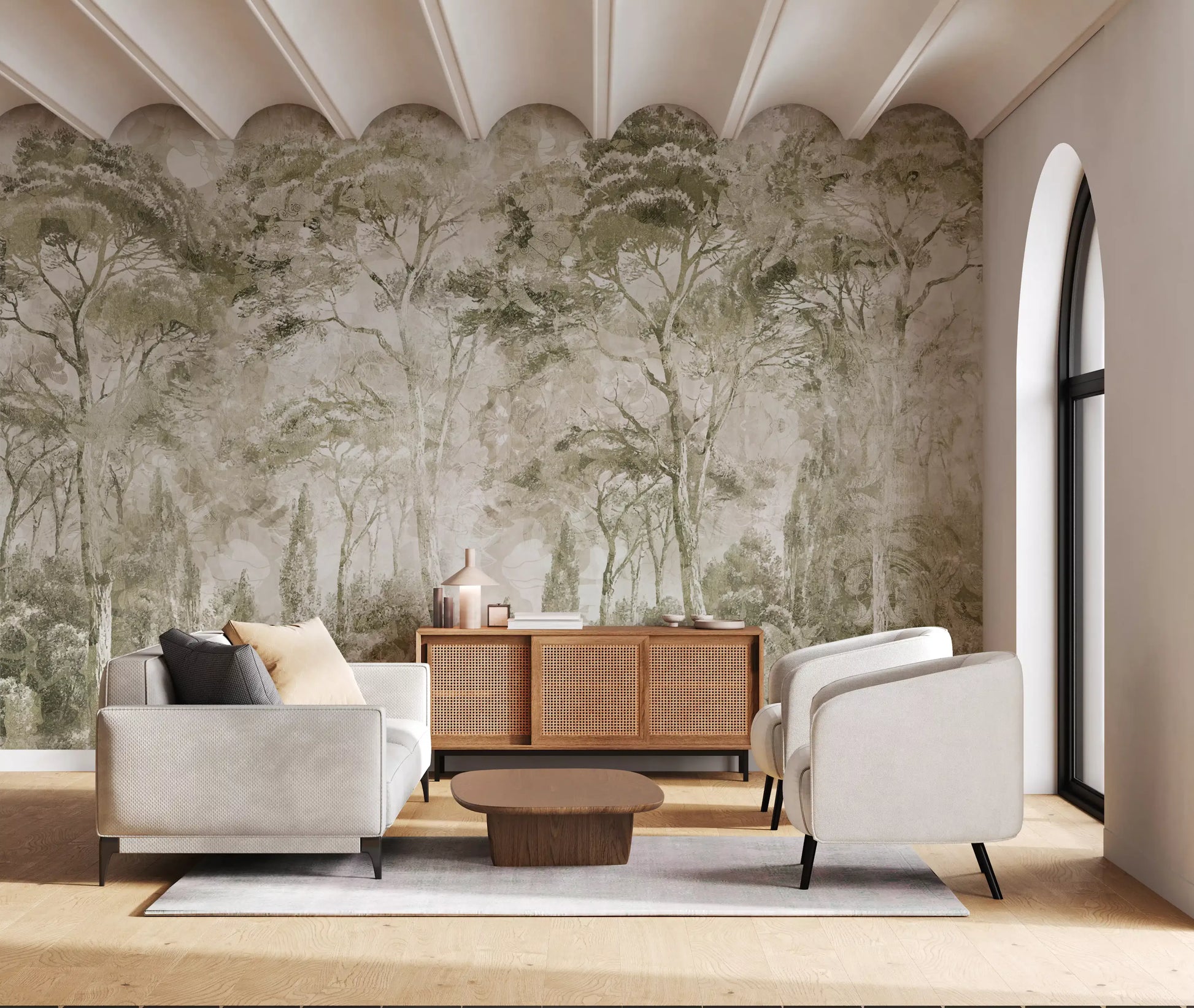 Living room styled with Sepia Pine Forest Landscape wall mural in beige tones