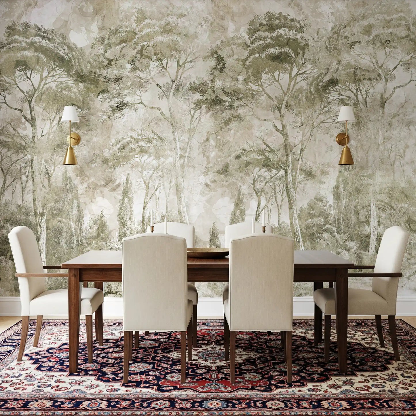 Dining room setup with Sepia Pine Forest Landscape wall mural and texture