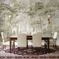 Dining room setup with Sepia Pine Forest Landscape wall mural and texture