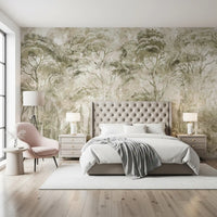 Nature forest wall mural with Sepia Pine Forest Landscape calm design