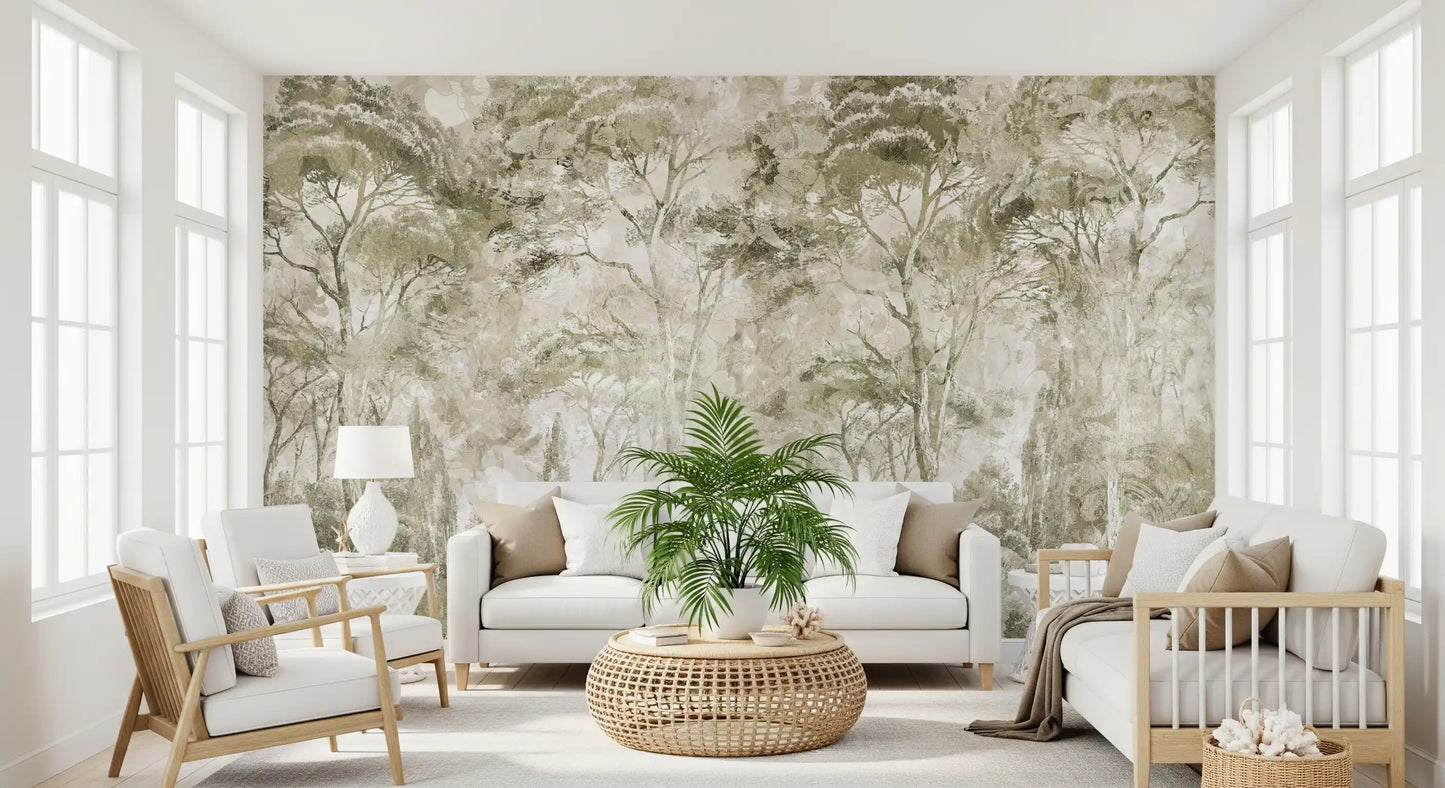 Sepia Pine Forest Landscape wall mural showing soft tree layering