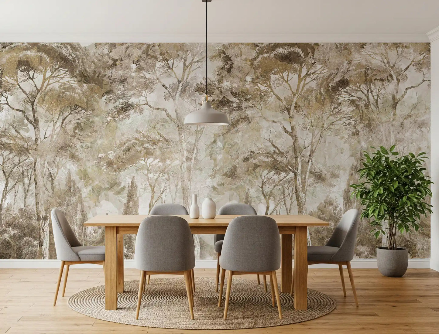 Vintage forest wall mural featuring Antique Woodland Landscape soft tones
