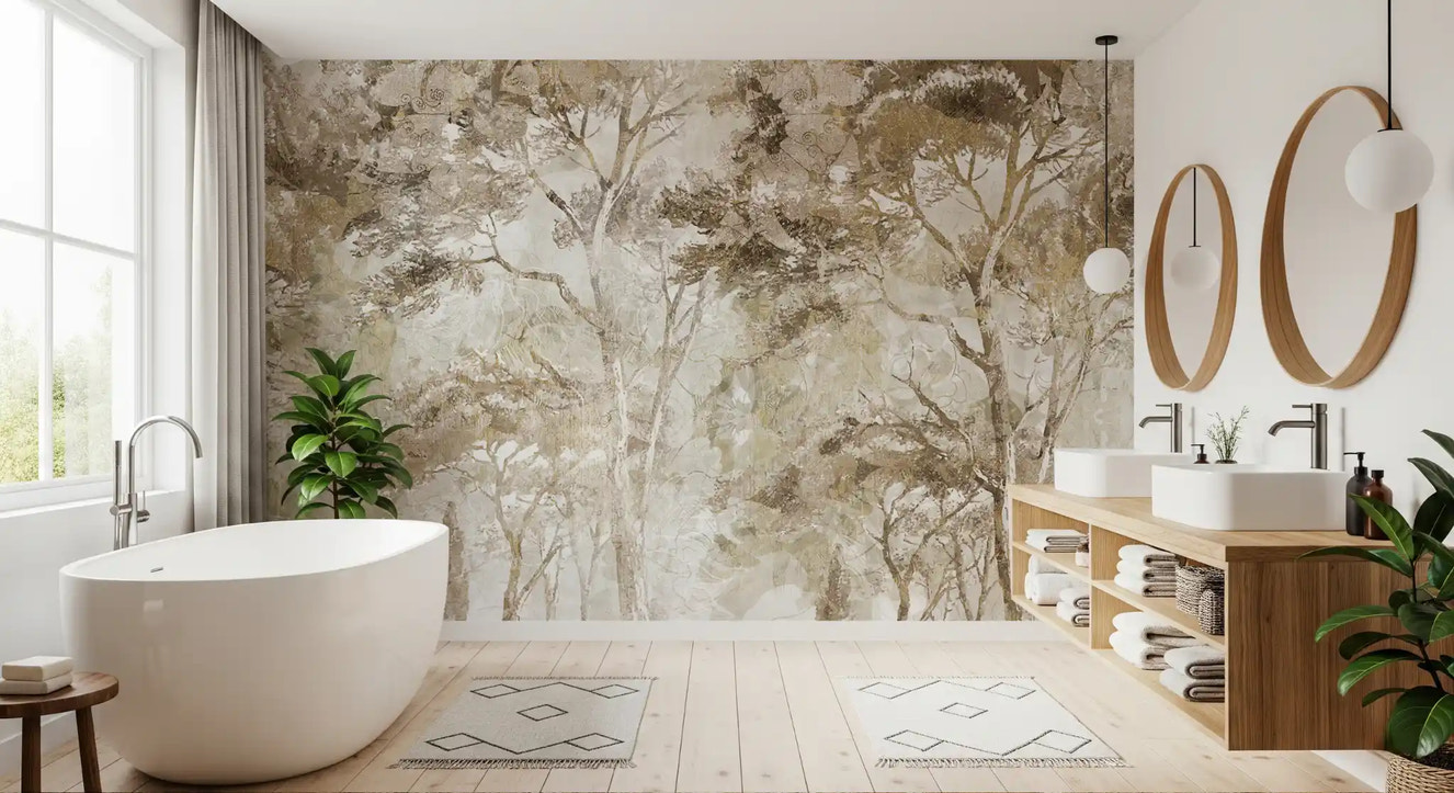 Bathroom wall featuring Antique Woodland Landscape wall mural with trees