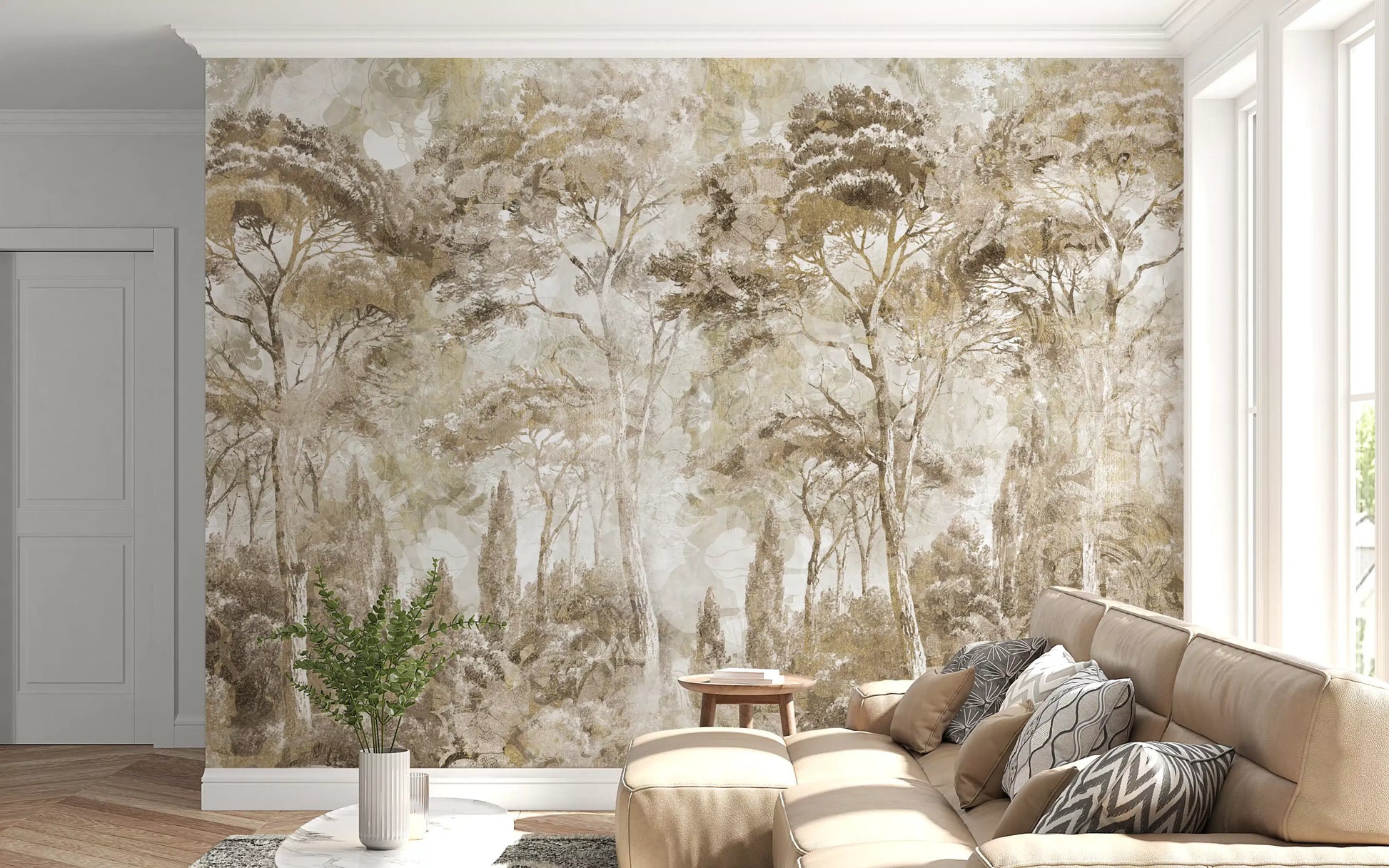 Woodland scene wall mural with Antique Woodland Landscape detailing