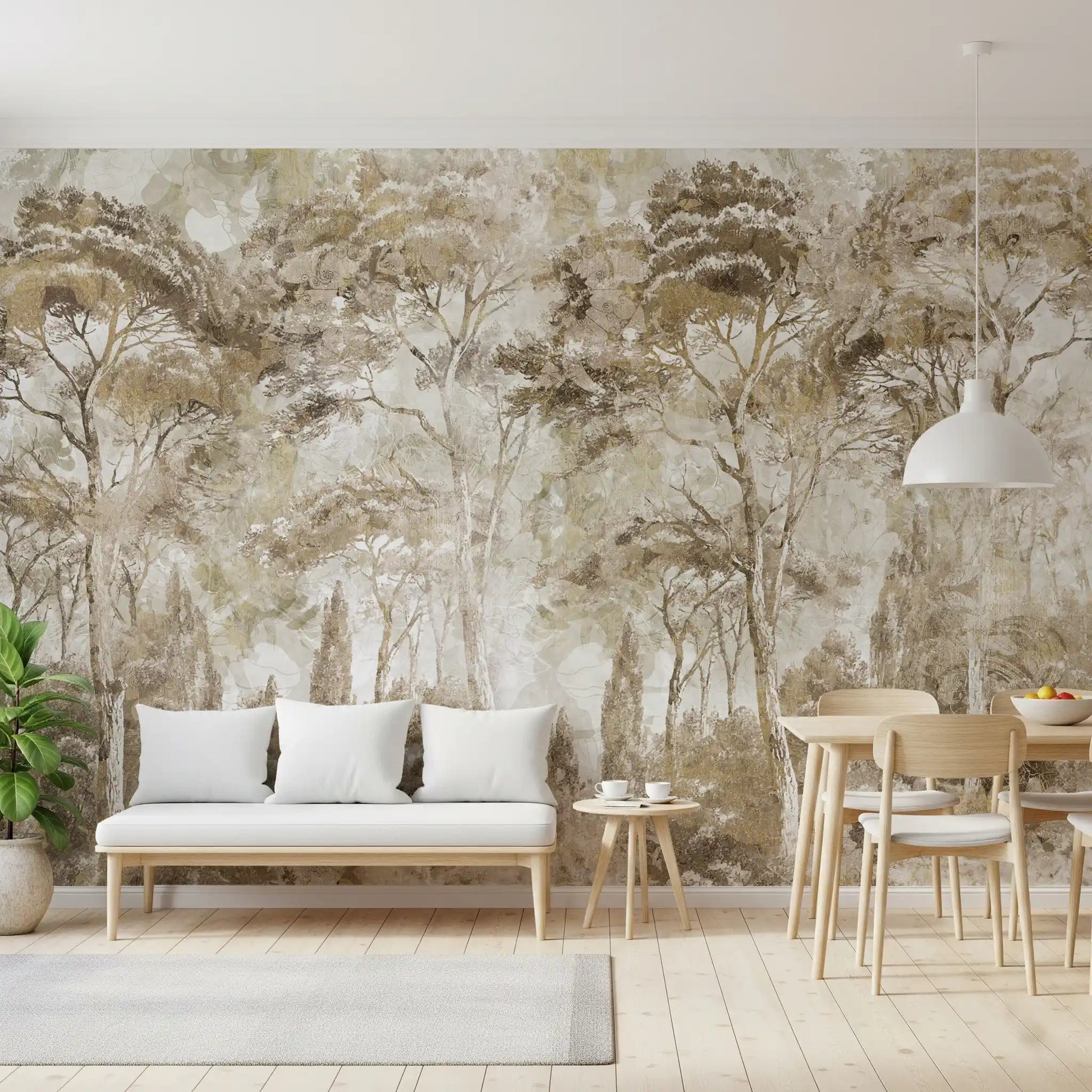 Antique Woodland Landscape wall mural with layered tree silhouettes