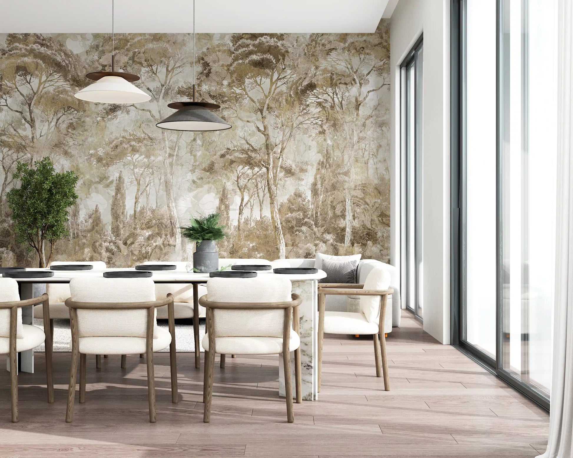 Subtle forest wall mural with Antique Woodland Landscape aged texture