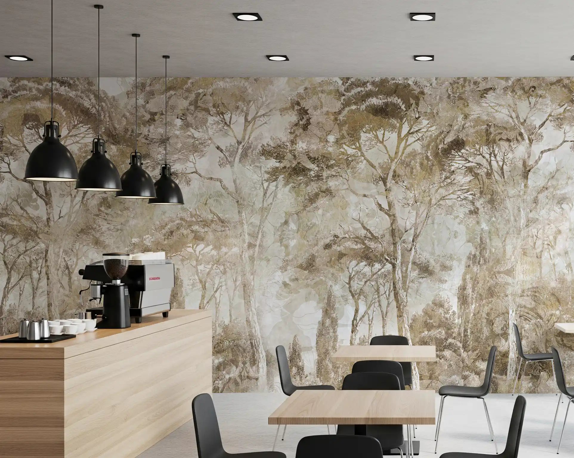 Cafe area setup with Antique Woodland Landscape wall mural and texture