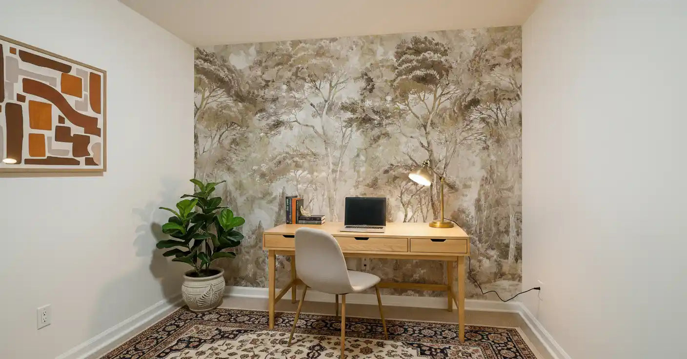 Antique Woodland Landscape wall mural with warm beige and brown palette