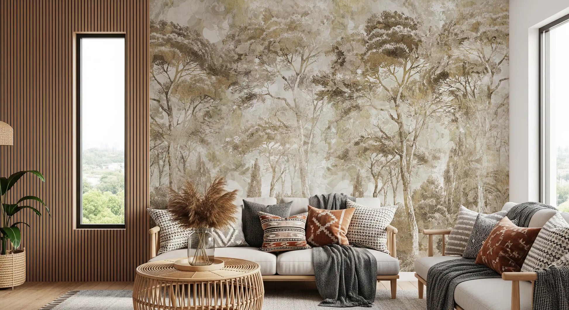Antique Woodland Landscape wall mural showing dense forest layering