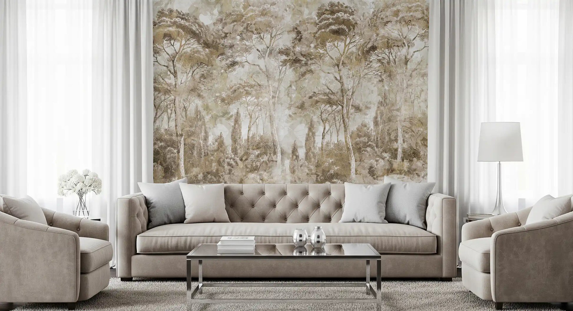Living room styled with Antique Woodland Landscape wall mural in beige tones