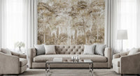 Living room styled with Antique Woodland Landscape wall mural in beige tones