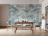 Forest scene wall mural with Misty Pine Forest Landscape misty effect