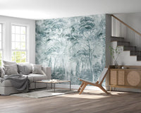 Living room styled with Misty Pine Forest Landscape wall mural in soft tones