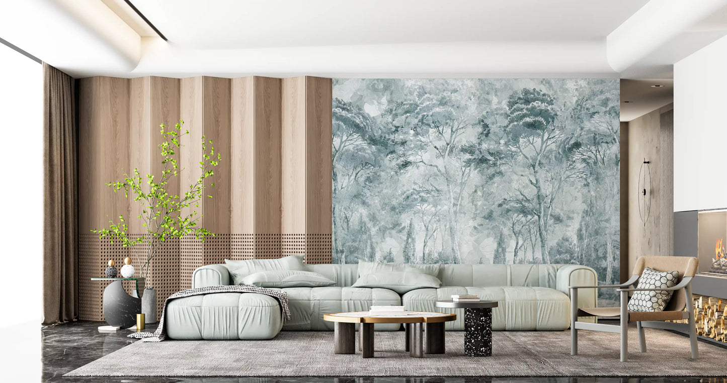 Living room wall featuring Misty Pine Forest Landscape wall mural with trees