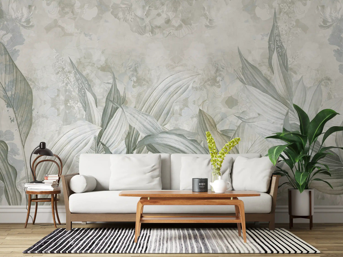Hallway design using Soft Neutral Botanical wall mural in muted palette
