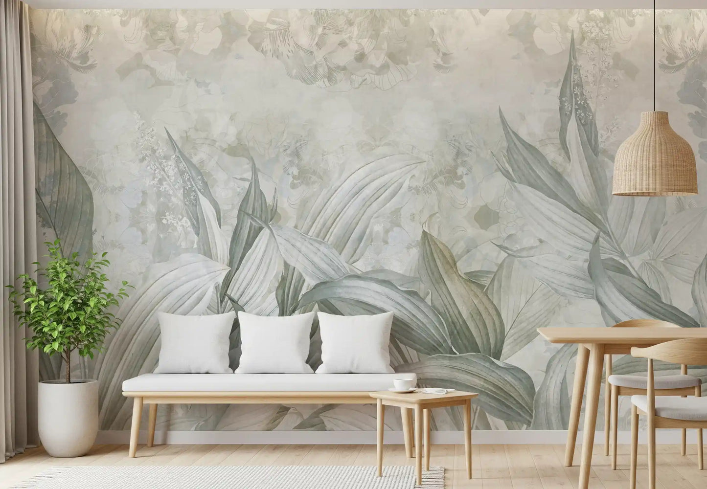 Nature-inspired wall mural with Soft Neutral Botanical calm composition