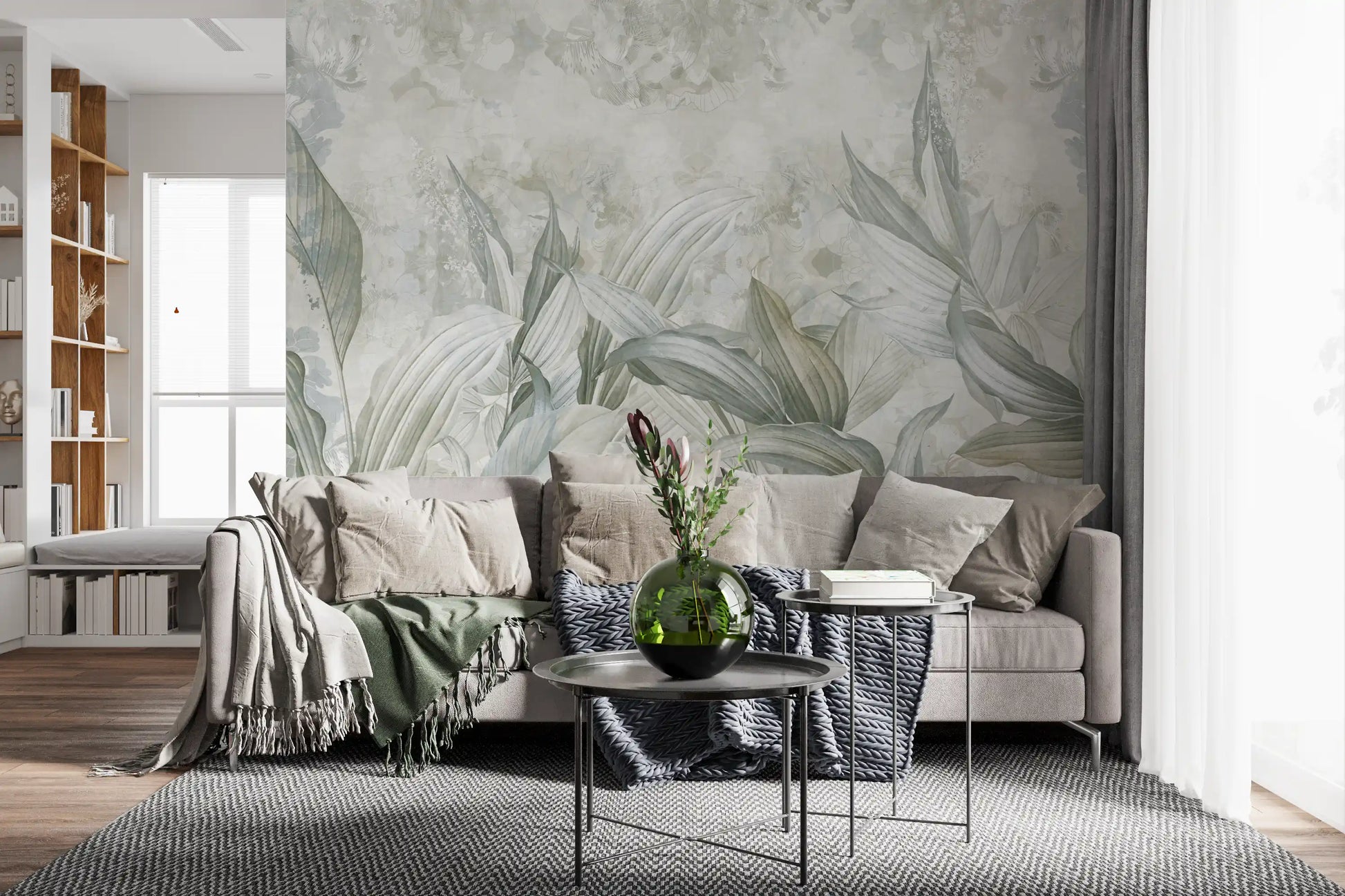Botanical wall mural featuring Soft Neutral Botanical subtle leaf design