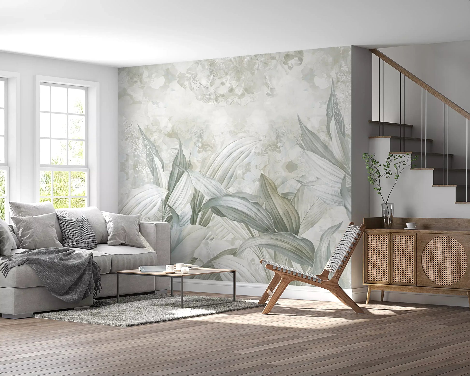 Soft Neutral Botanical wall mural with layered beige and green foliage