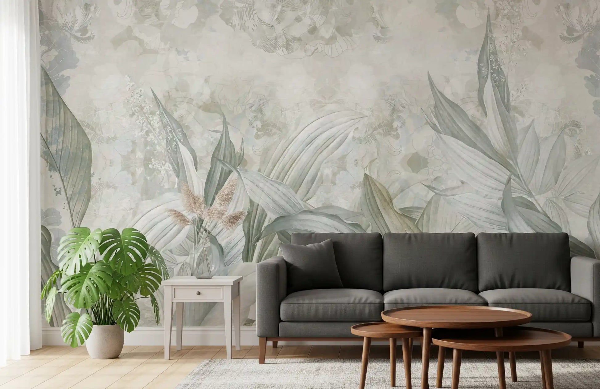 Soft Neutral Botanical wall mural showing gentle leaf layering effect
