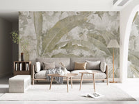 Sage Green Tropical Leaves wall mural with muted green leaf patterns