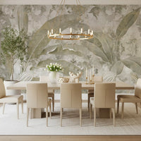 Dining room setup with Sage Green Tropical Leaves wall mural and textures
