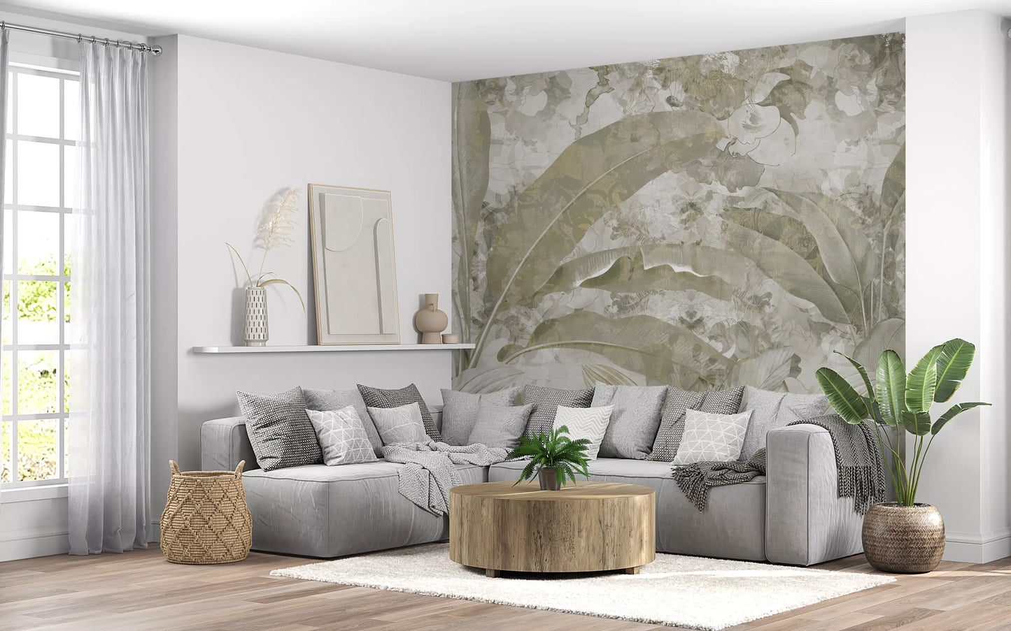Living room styled with Sage Green Tropical Leaves wall mural in soft tones