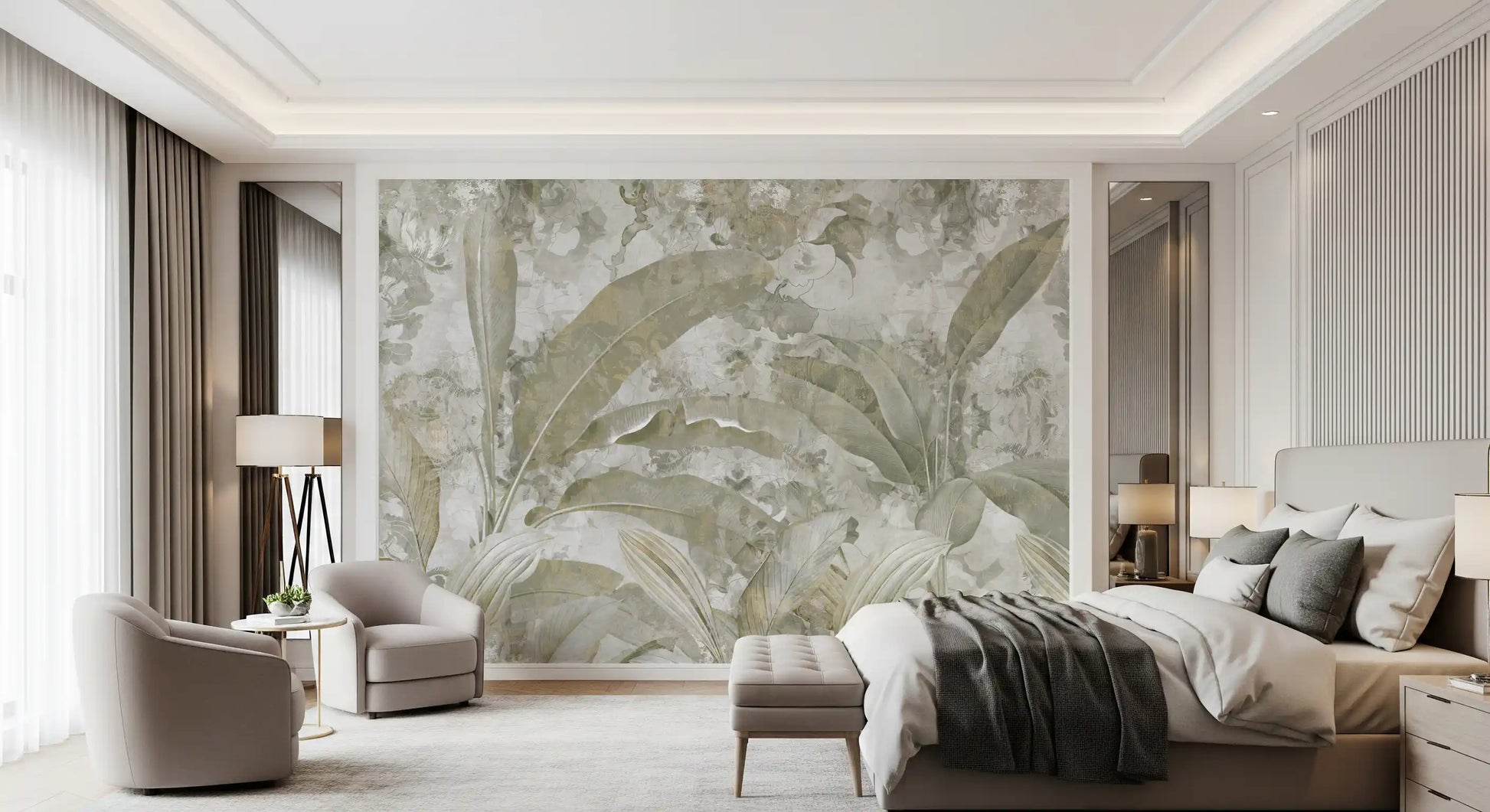 Bedroom wall featuring Sage Green Tropical Leaves wall mural with foliage