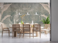 Misty Forest Landscape wall mural with faded green tones and leaf patterns