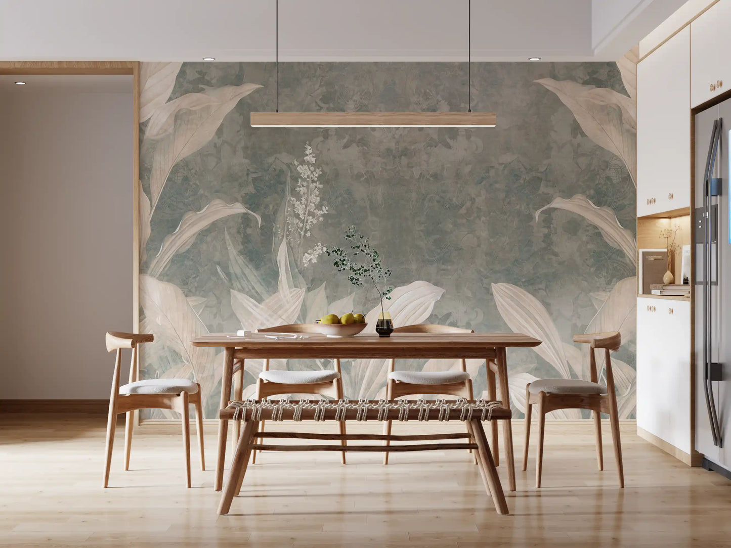 Dining room setup with Misty Forest Landscape wall mural and soft textures