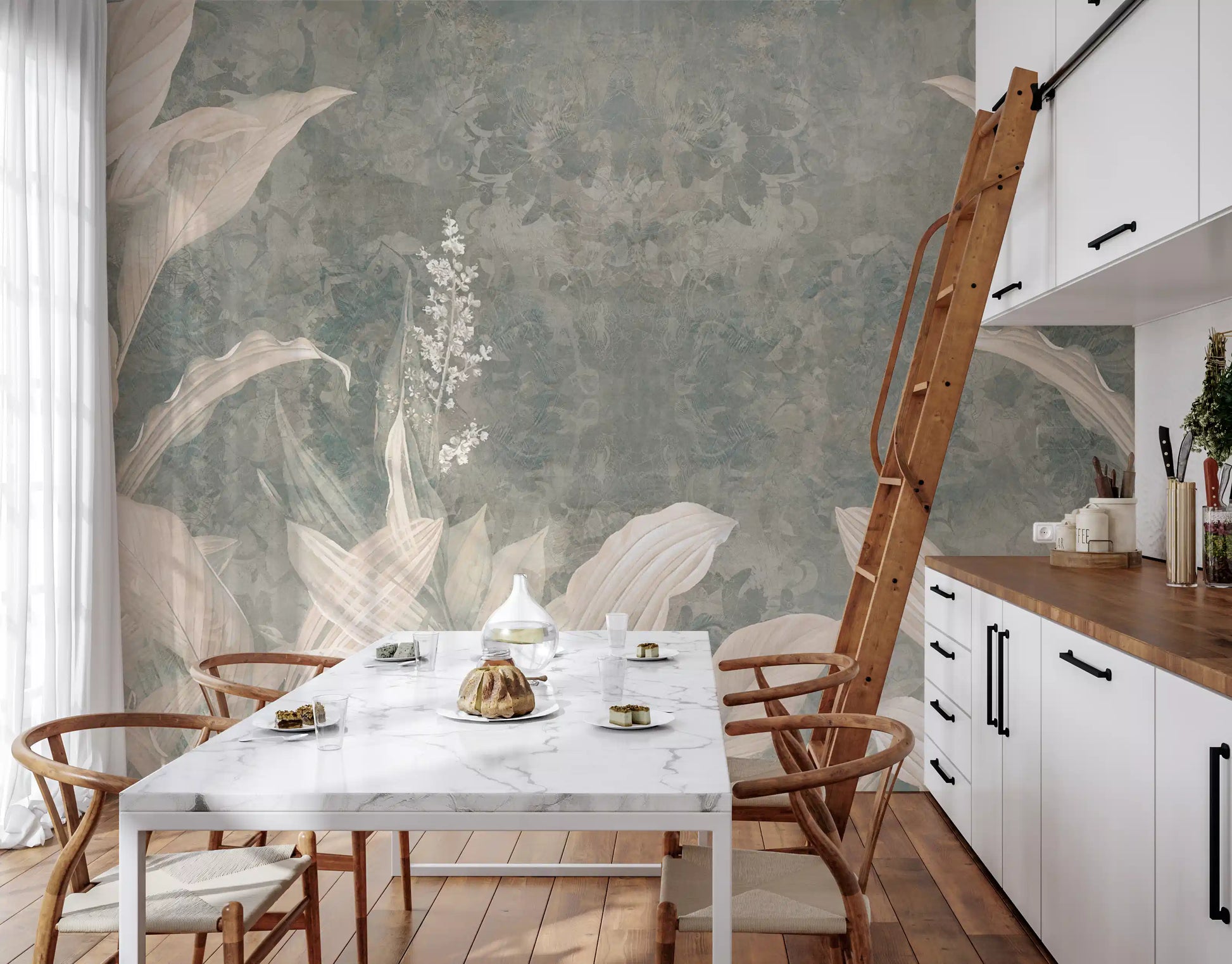 Nature-inspired wall mural featuring Misty Forest Landscape soft foliage